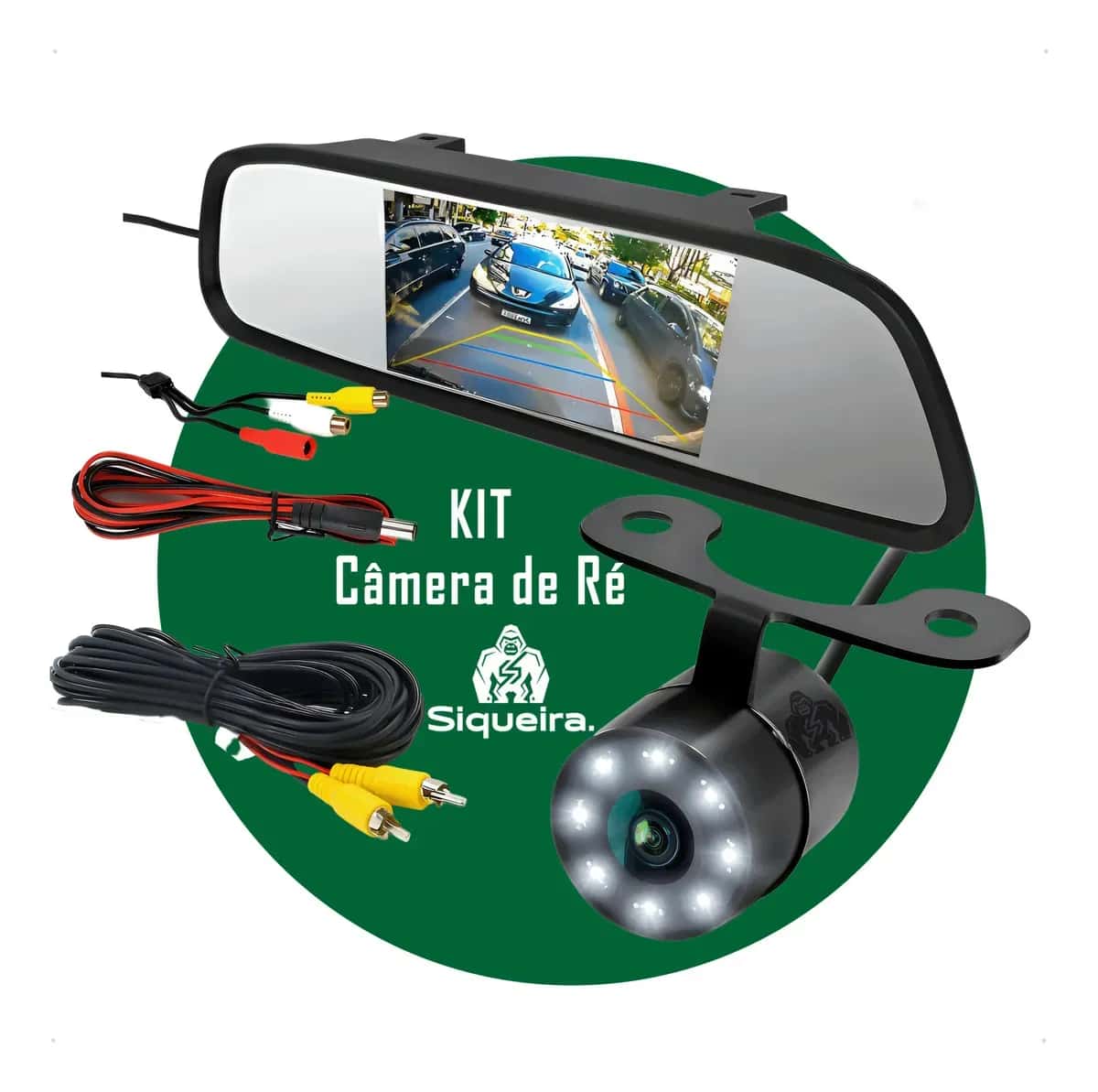Kit Câmera de Ré Automotiva S Siqueira com Tela LCD no Retrovisor, Visão Noturna e Linhas Guias Coloridas